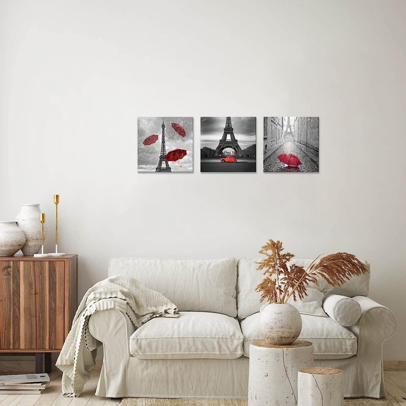 NAN Wind 3 Pcs Paris Wall Art Canvas Prints Black and White with Umbrella Eiffel Tower Decor Stretched and Framed Ready to Hang for Home Decor - Image 2